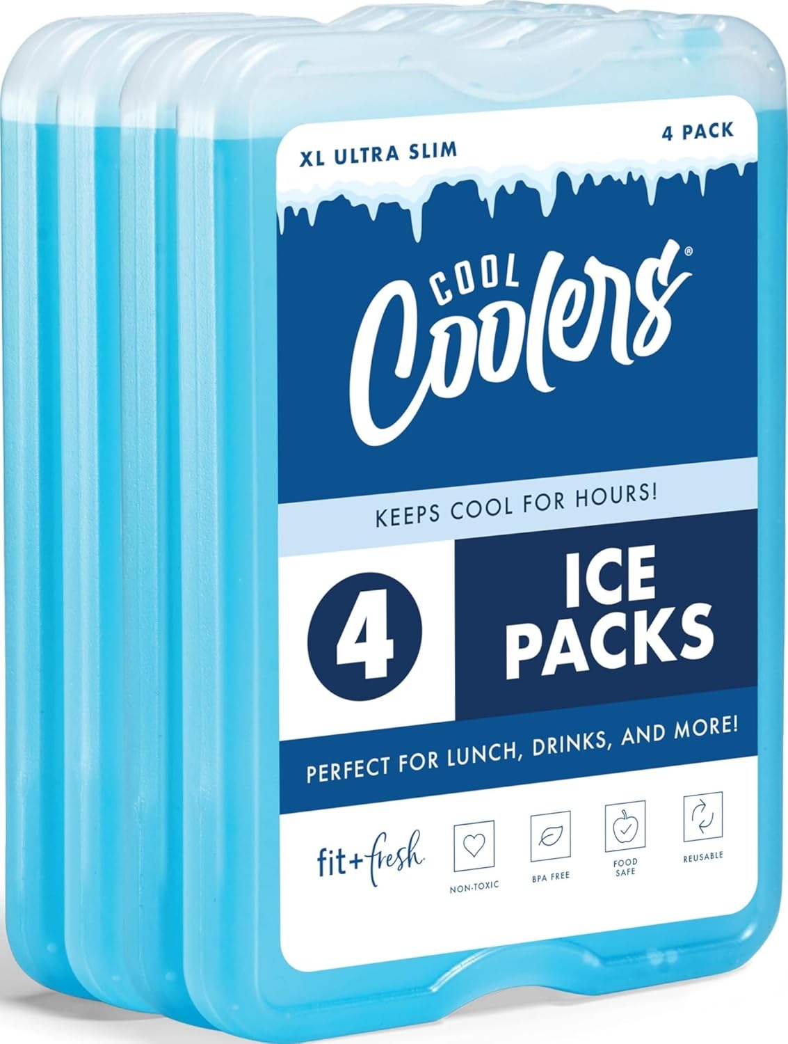Cool Coolers by Fit & Fresh 4 Pack XL Slim Ice Packs, Quick Freeze Space Saving Reusable Ice Packs for Lunch Boxes or Coolers